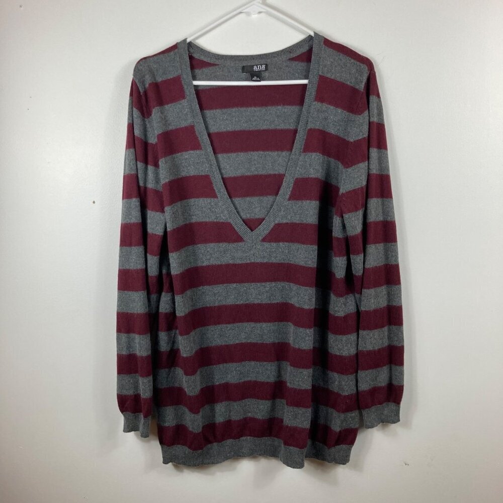 Womens ana‎ V Neck Crimson Gray Cotton Angora Blend Pullover Sweater XL